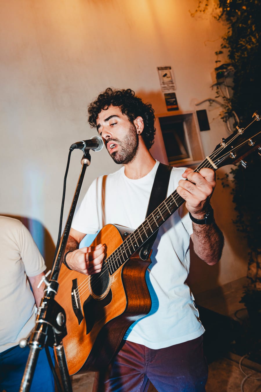 Il chitarrista canta al microfono durante la serata dal vivo